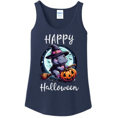 Baby Pygmy Hippo Ride Witch Broom Funny Halloween Hippos Ladies Essential Tank