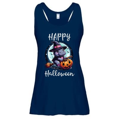 Baby Pygmy Hippo Ride Witch Broom Funny Halloween Hippos Ladies Essential Flowy Tank