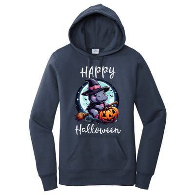 Baby Pygmy Hippo Ride Witch Broom Funny Halloween Hippos Women's Pullover Hoodie