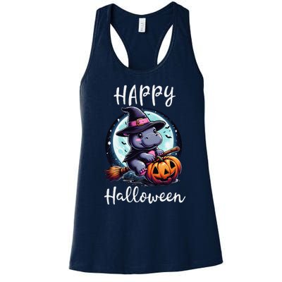 Baby Pygmy Hippo Ride Witch Broom Funny Halloween Hippos Women's Racerback Tank