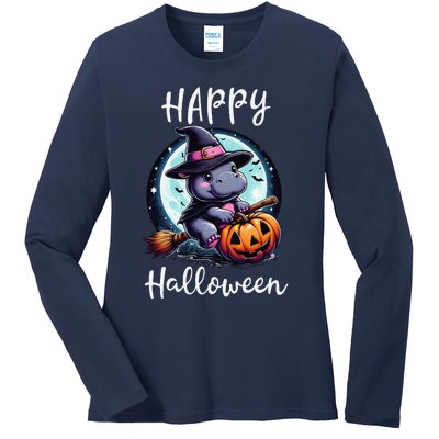 Baby Pygmy Hippo Ride Witch Broom Funny Halloween Hippos Ladies Long Sleeve Shirt