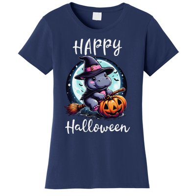 Baby Pygmy Hippo Ride Witch Broom Funny Halloween Hippos Women's T-Shirt