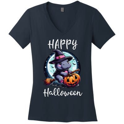 Baby Pygmy Hippo Ride Witch Broom Funny Halloween Hippos Women's V-Neck T-Shirt