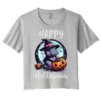 Baby Pygmy Hippo Ride Witch Broom Funny Halloween Hippos Women's Crop Top Tee