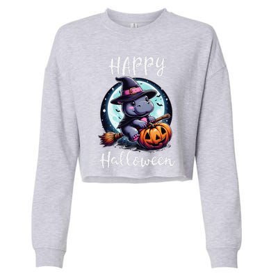 Baby Pygmy Hippo Ride Witch Broom Funny Halloween Hippos Cropped Pullover Crew