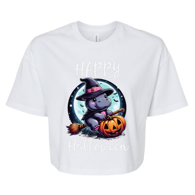 Baby Pygmy Hippo Ride Witch Broom Funny Halloween Hippos Bella+Canvas Jersey Crop Tee