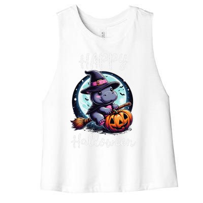 Baby Pygmy Hippo Ride Witch Broom Funny Halloween Hippos Women's Racerback Cropped Tank