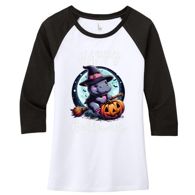 Baby Pygmy Hippo Ride Witch Broom Funny Halloween Hippos Women's Tri-Blend 3/4-Sleeve Raglan Shirt