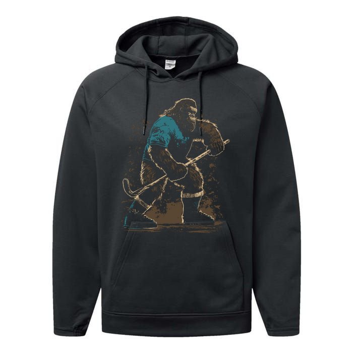 Bigfoot Playing Hockey Performance Fleece Hoodie