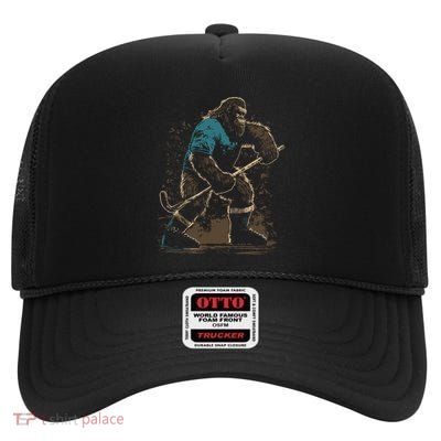 Bigfoot Playing Hockey High Crown Mesh Back Trucker Hat