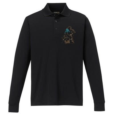 Bigfoot Playing Hockey Performance Long Sleeve Polo