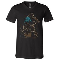 Bigfoot Playing Hockey V-Neck T-Shirt