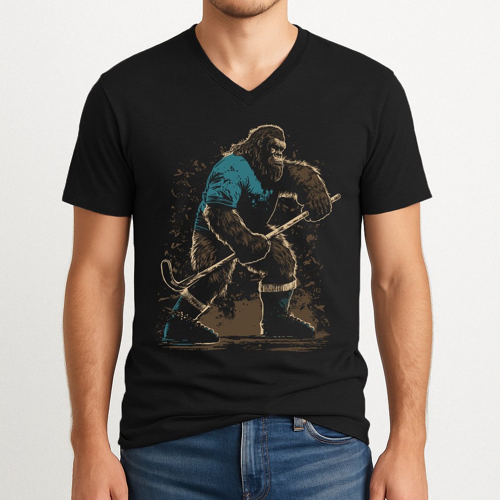 Bigfoot Playing Hockey V-Neck T-Shirt