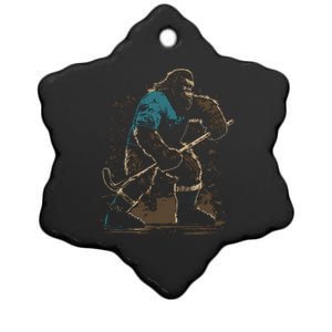 Bigfoot Playing Hockey Ceramic Star Ornament