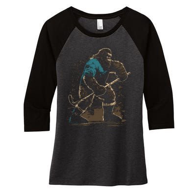 Bigfoot Playing Hockey Women's Tri-Blend 3/4-Sleeve Raglan Shirt