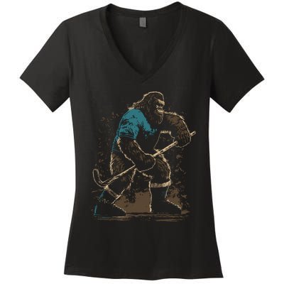 Bigfoot Playing Hockey Women's V-Neck T-Shirt