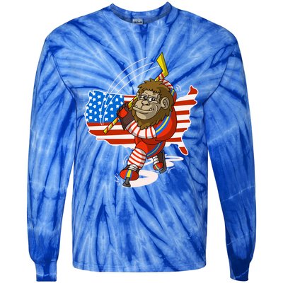 Bigfoot Playing Ice Hockey Cute 4Th Of July Funny Usa Gift Meaningful Gift Tie-Dye Long Sleeve Shirt