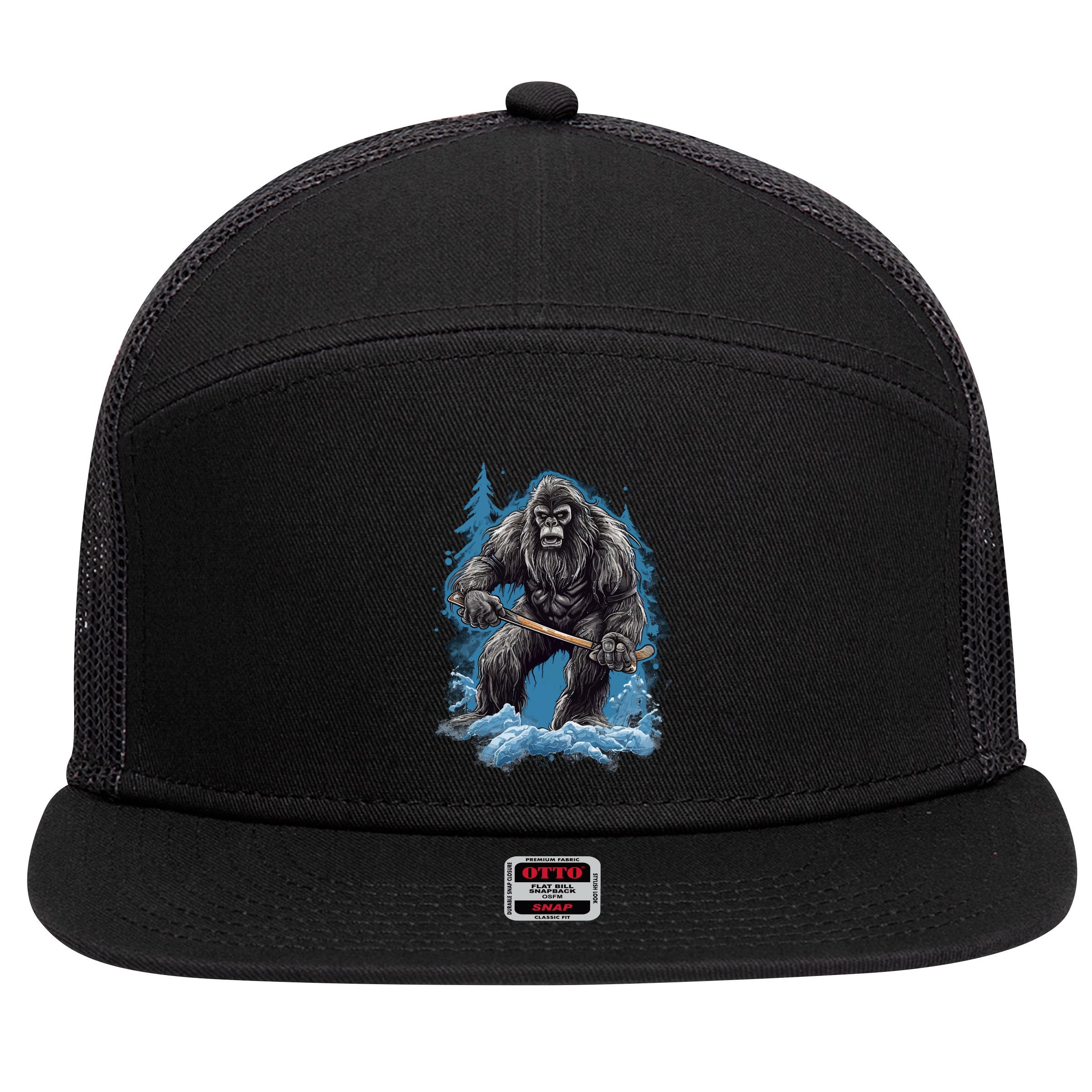 Bigfoot Playing Ice Hockey Funny Sasquatch Hockey Stick Funny Gift 7 Panel Mesh Trucker Snapback Hat