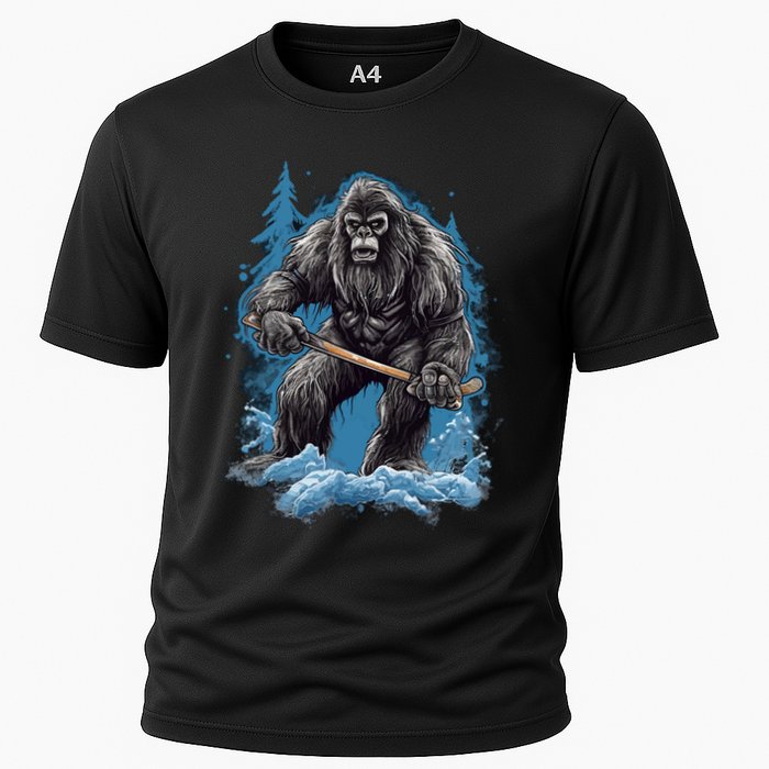 Bigfoot Playing Ice Hockey Funny Sasquatch Hockey Stick Funny Gift Cooling Performance Crew T-Shirt