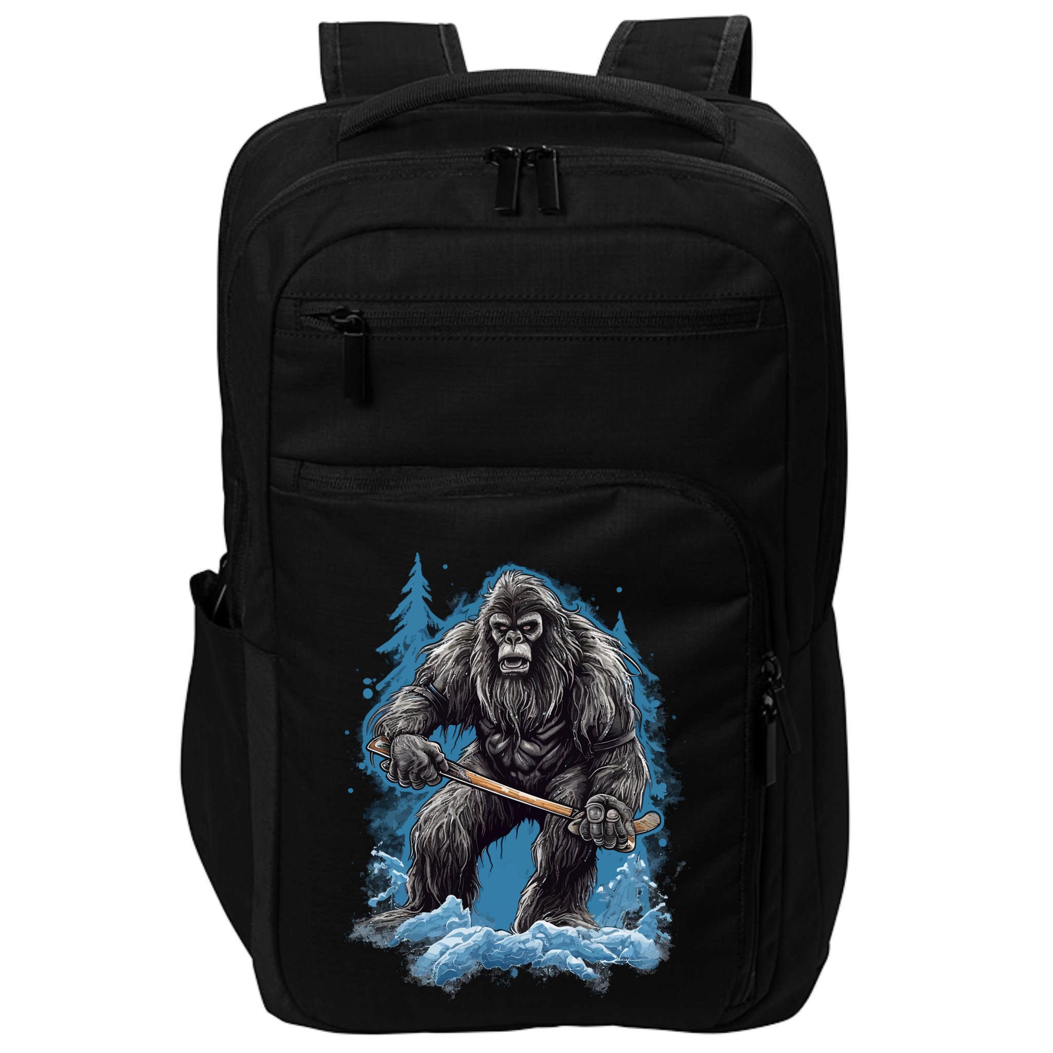 Bigfoot Playing Ice Hockey Funny Sasquatch Hockey Stick Funny Gift Impact Tech Backpack