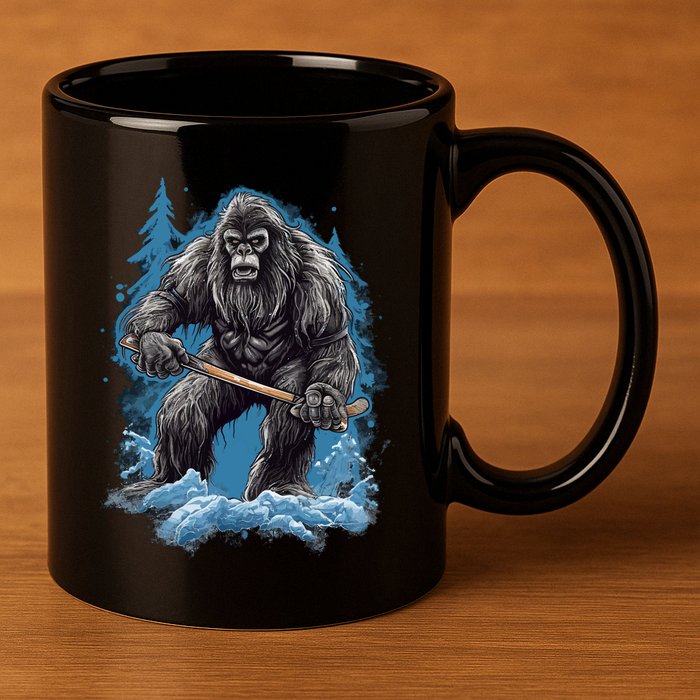 Bigfoot Playing Ice Hockey Funny Sasquatch Hockey Stick Funny Gift 11oz C Handle Ceramic Mug