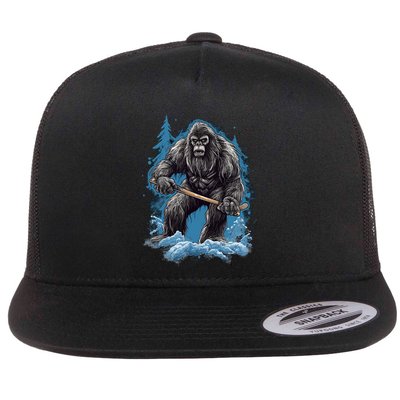 Bigfoot Playing Ice Hockey Funny Sasquatch Hockey Stick Funny Gift Flatbill Hat