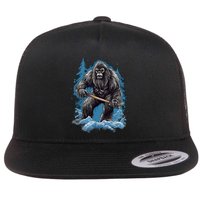 Bigfoot Playing Ice Hockey Funny Sasquatch Hockey Stick Funny Gift Flat Bill Trucker Hat