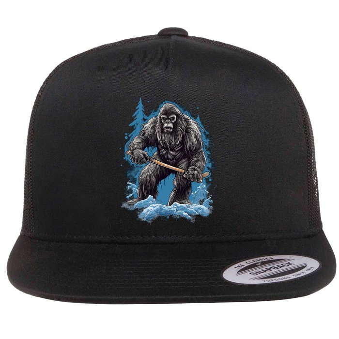 Bigfoot Playing Ice Hockey Funny Sasquatch Hockey Stick Funny Gift Flat Bill Trucker Hat