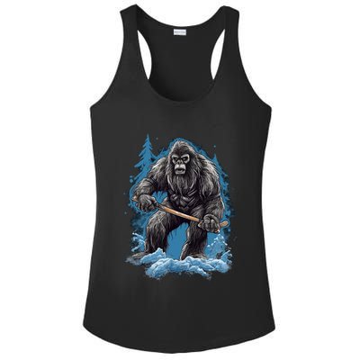 Bigfoot Playing Ice Hockey Funny Sasquatch Hockey Stick Funny Gift Ladies PosiCharge Competitor Racerback Tank