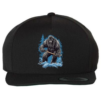 Bigfoot Playing Ice Hockey Funny Sasquatch Hockey Stick Funny Gift Wool Snapback Cap