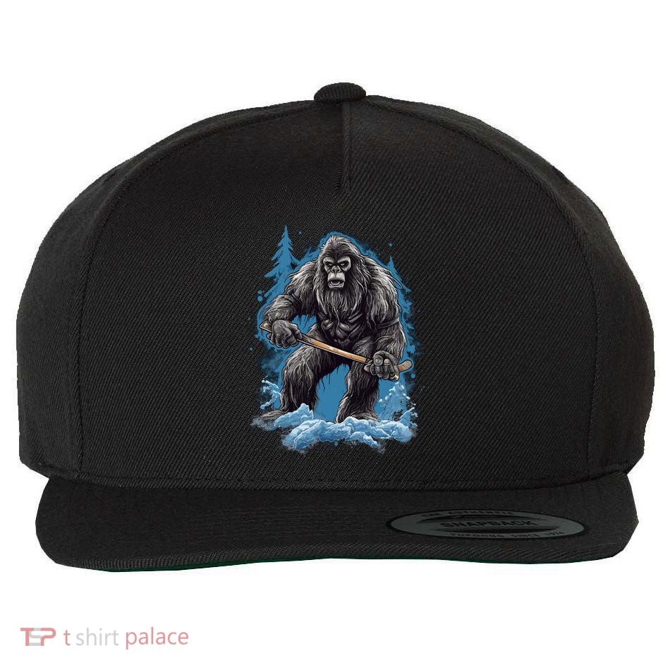 Bigfoot Playing Ice Hockey Funny Sasquatch Hockey Stick Funny Gift Wool Snapback Cap