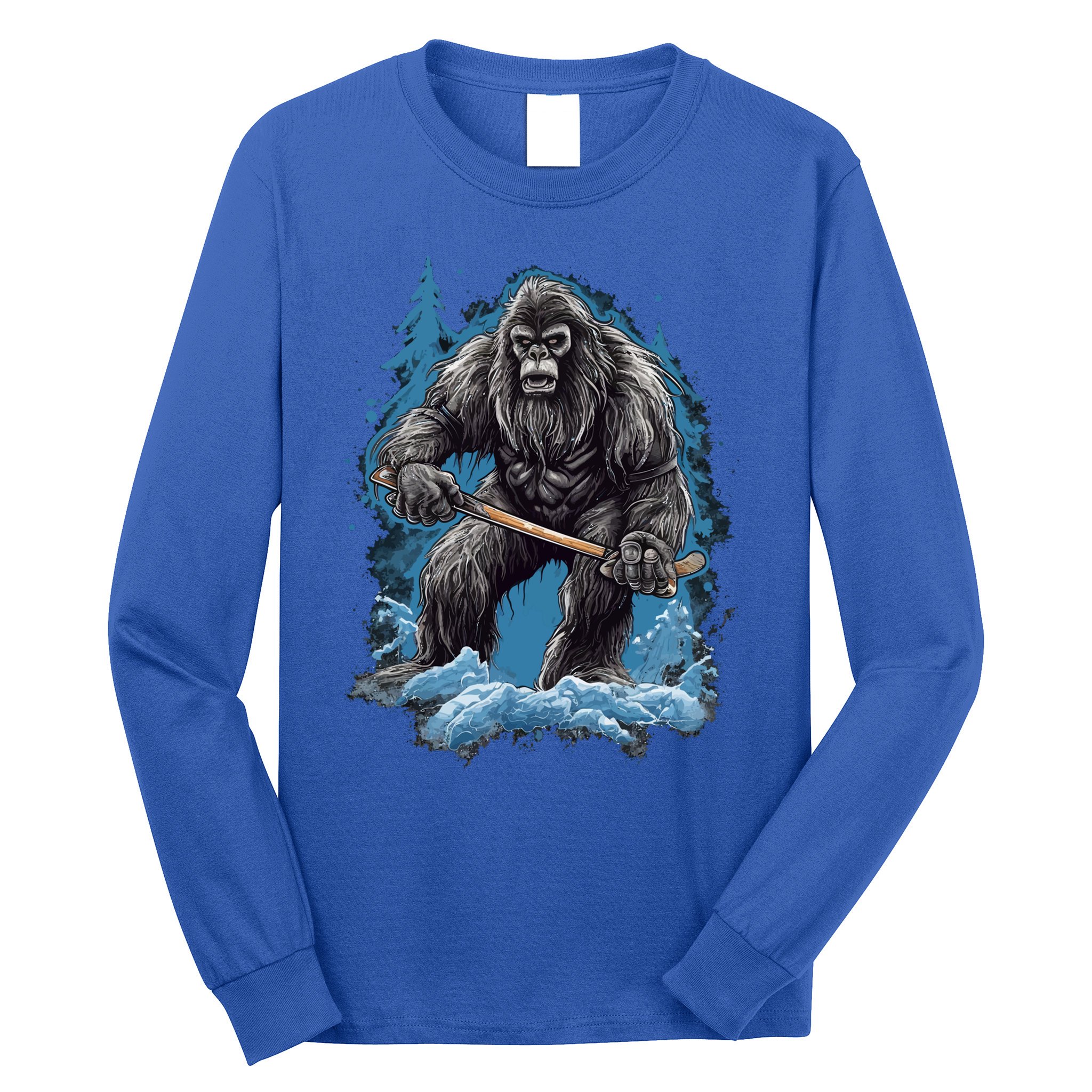 Bigfoot Playing Ice Hockey Funny Sasquatch Hockey Stick Funny Gift Long Sleeve Shirt
