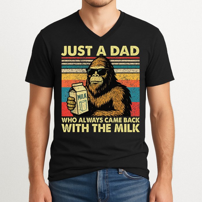 Bigfoot Papa Just A Dad Who Always Came Back With The Milk V-Neck T-Shirt