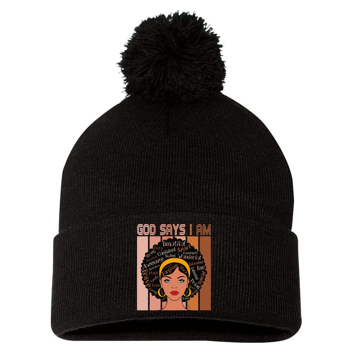 Black Powerful Juneteenth African American God Says I Am Pom Pom 12in Knit Beanie