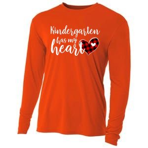 Buffalo Plaid Kindergarten Has My Heart Teacher Valentines Gift Cooling Performance Long Sleeve Crew