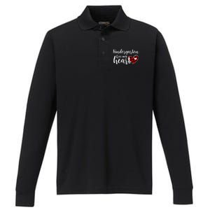 Buffalo Plaid Kindergarten Has My Heart Teacher Valentines Gift Performance Long Sleeve Polo