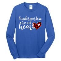 Buffalo Plaid Kindergarten Has My Heart Teacher Valentines Gift Tall Long Sleeve T-Shirt