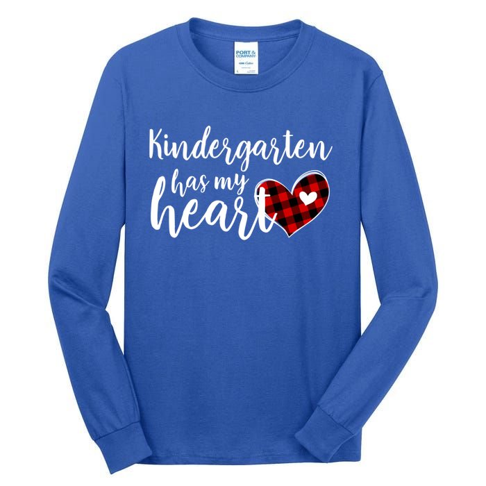 Buffalo Plaid Kindergarten Has My Heart Teacher Valentines Gift Tall Long Sleeve T-Shirt