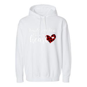 Buffalo Plaid Kindergarten Has My Heart Teacher Valentines Gift Garment-Dyed Fleece Hoodie