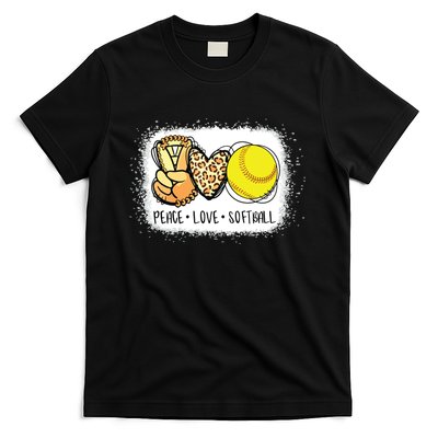 Bleached Peace Love Softball Mom Leopard Print Mothers Day T-Shirt