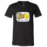 Bleached Peace Love Softball Mom Leopard Print Mothers Day V-Neck T-Shirt