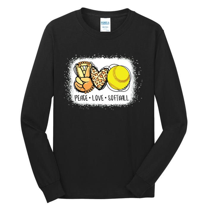 Bleached Peace Love Softball Mom Leopard Print Mothers Day Tall Long Sleeve T-Shirt