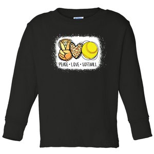 Bleached Peace Love Softball Mom Leopard Print Mothers Day Toddler Long Sleeve Shirt