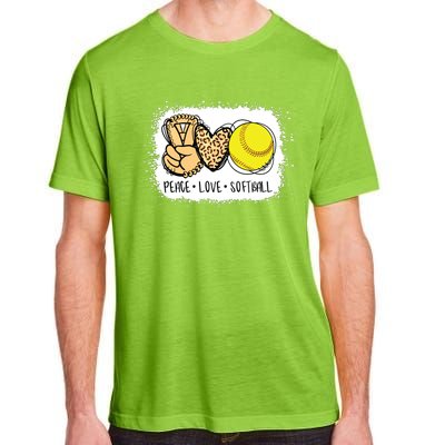 Bleached Peace Love Softball Mom Leopard Print Mothers Day Adult ChromaSoft Performance T-Shirt