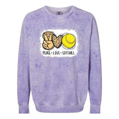 Bleached Peace Love Softball Mom Leopard Print Mothers Day Colorblast Crewneck Sweatshirt