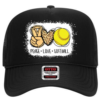 Bleached Peace Love Softball Mom Leopard Print Mothers Day High Crown Mesh Back Trucker Hat