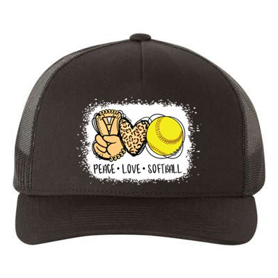 Bleached Peace Love Softball Mom Leopard Print Mothers Day Yupoong Adult 5-Panel Trucker Hat