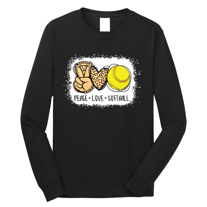 Bleached Peace Love Softball Mom Leopard Print Mothers Day Long Sleeve Shirt