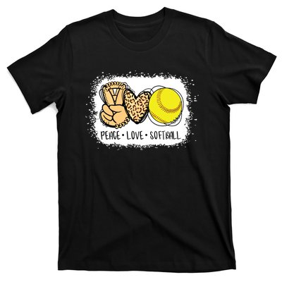 Bleached Peace Love Softball Mom Leopard Print Mothers Day T-Shirt