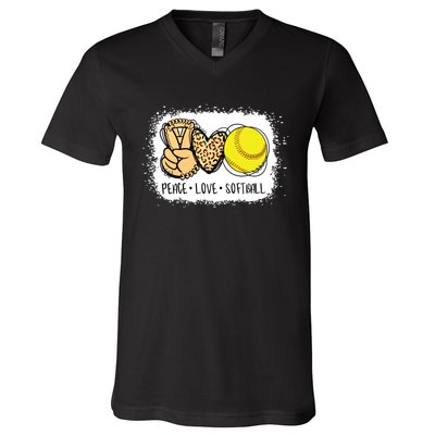 Bleached Peace Love Softball Mom Leopard Print Mothers Day V-Neck T-Shirt